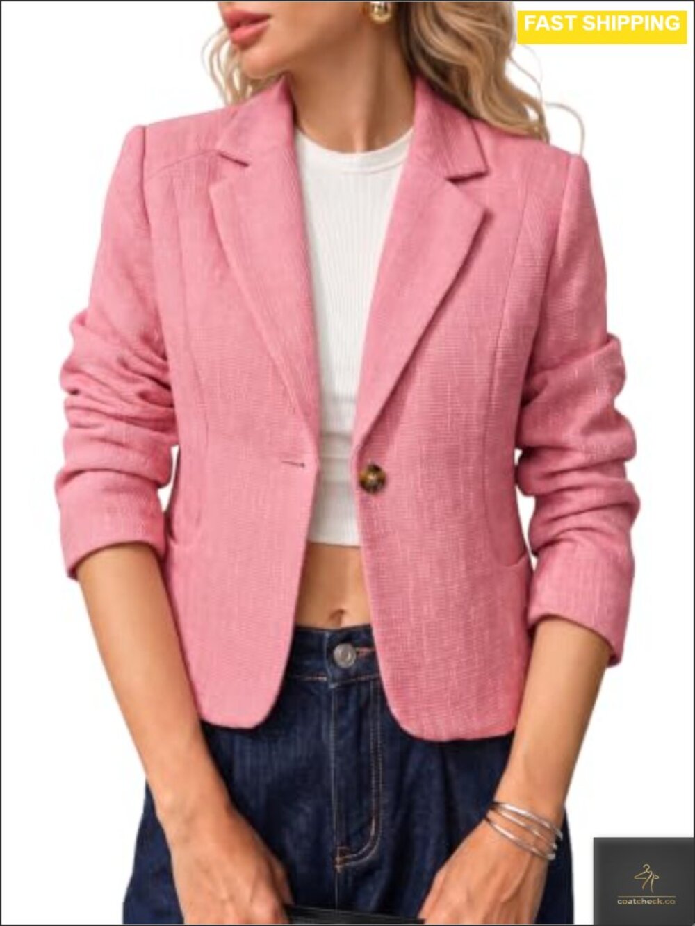 Womens Cropped Tweed Blazer Notch Lapel Button Cuff Business Casual